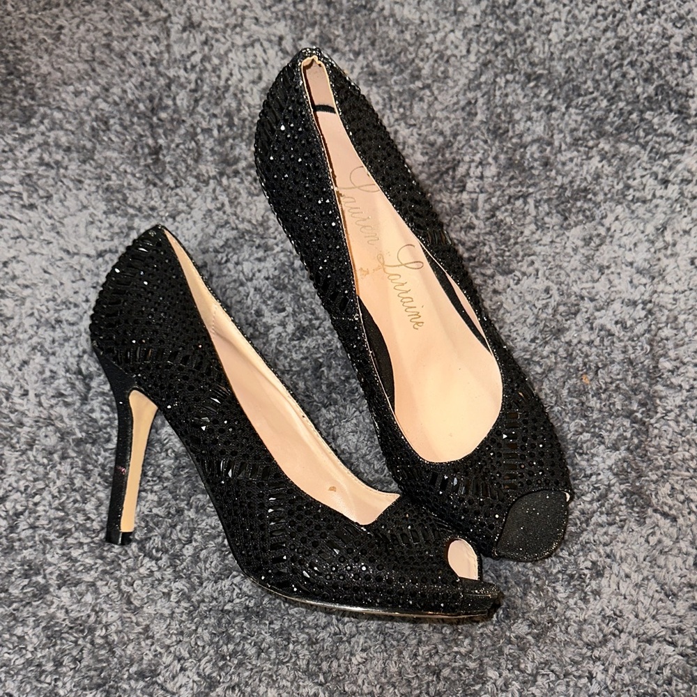 Lauren Lorraine Sparkling Black Peep-Toe Heels